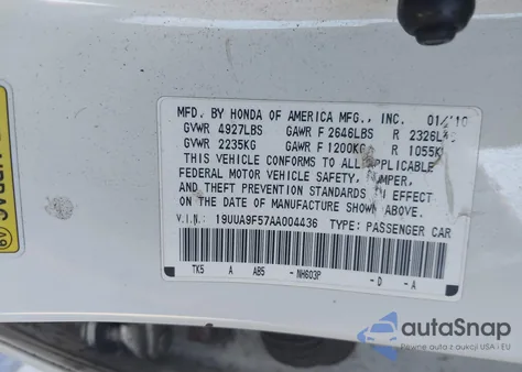 2010 Acura Tl 3.7 из США, поврежденный, VIN 19UUA9F57AA004436